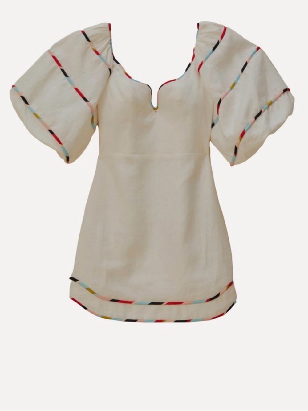 Farm Rio, NWT Cream Puff-Sleeve Women’s Top with Multicolor Trim